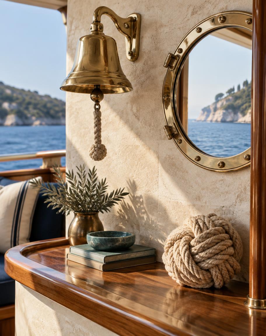 Illustrative brass nautical bell and porthole in a sunlit marine interior
