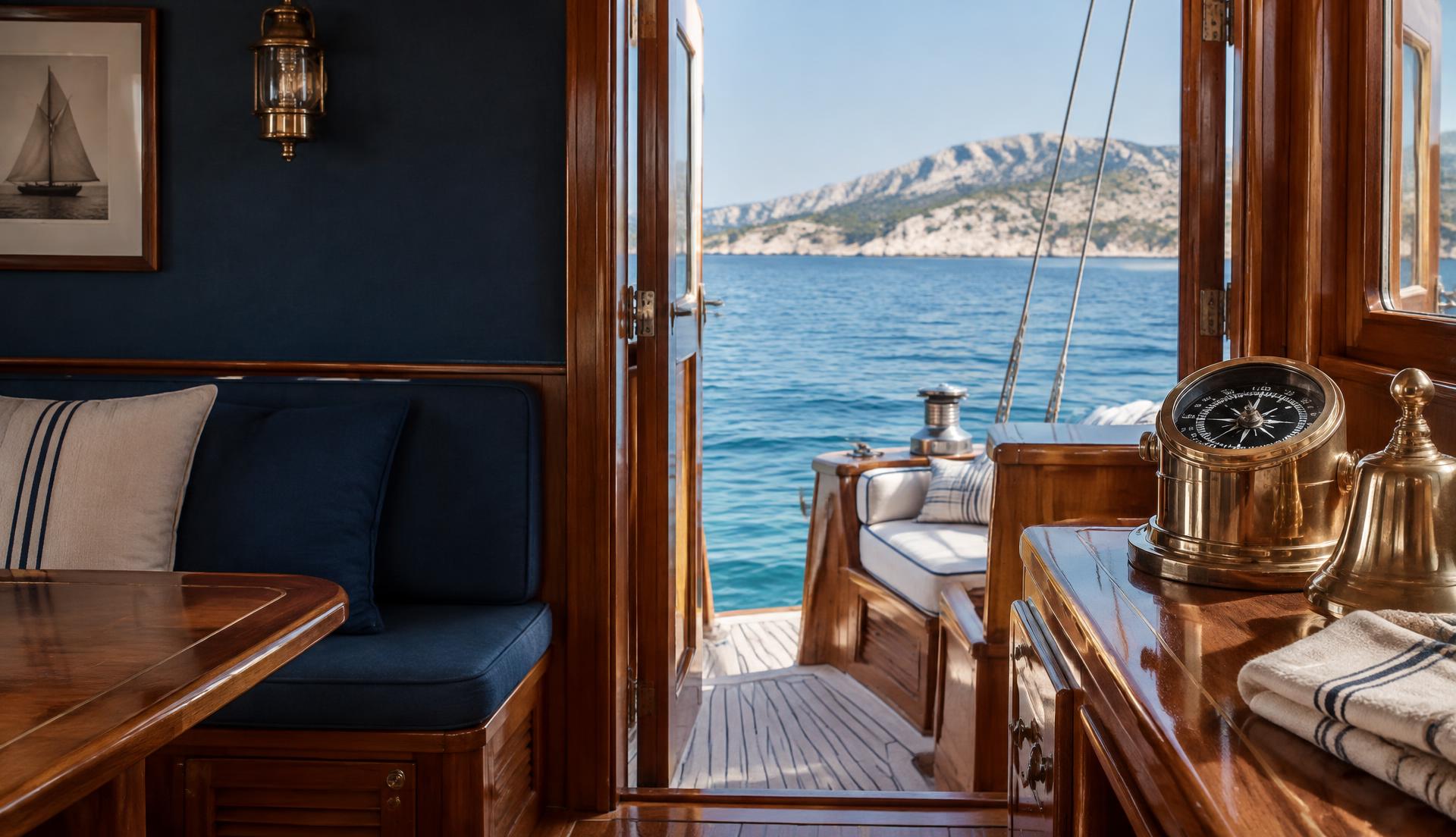 Illustrative classic yacht interior with brass nautical objects and the sea beyond