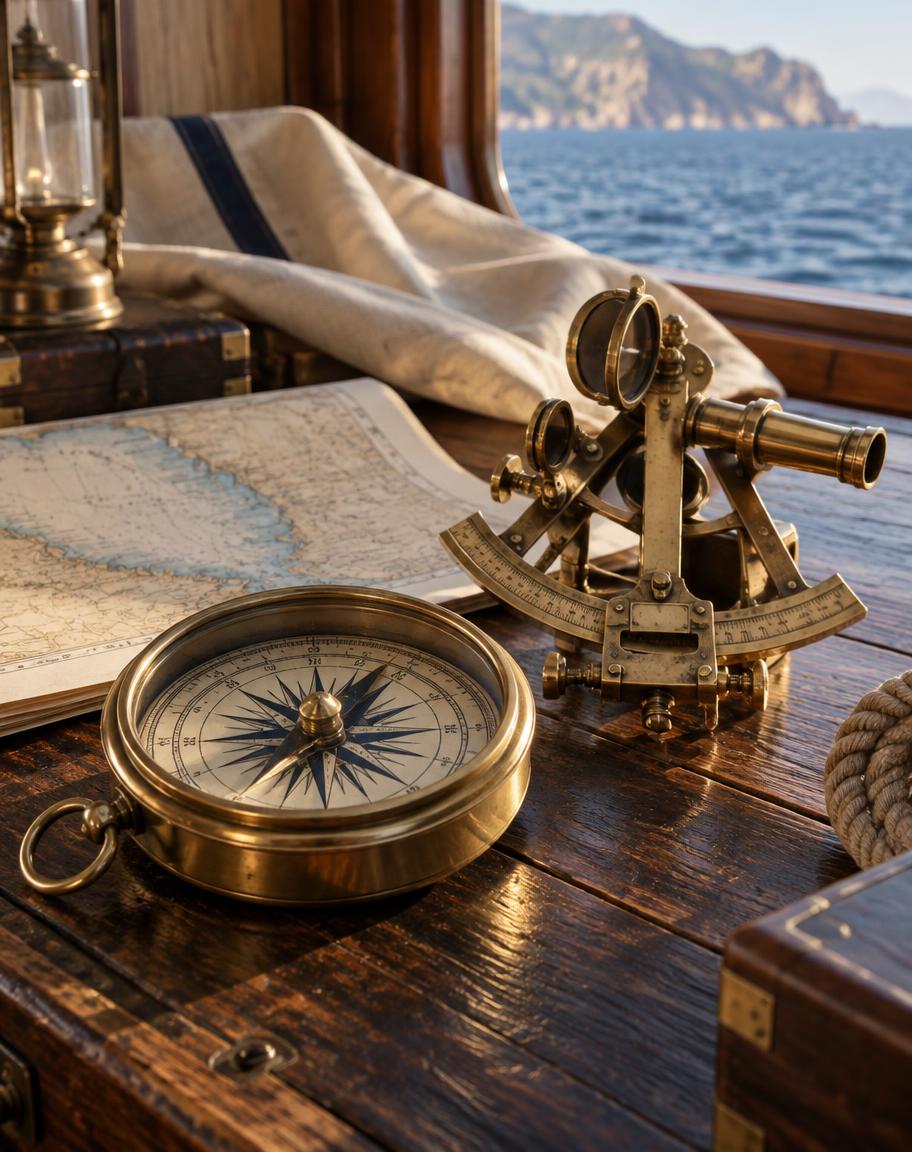 Illustrative nautical compass and brass sextant arranged on a yacht chart table