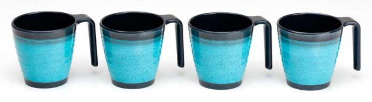 Four turquoise mugs with dark handles