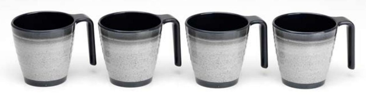 Four speckled grey mugs with dark handles