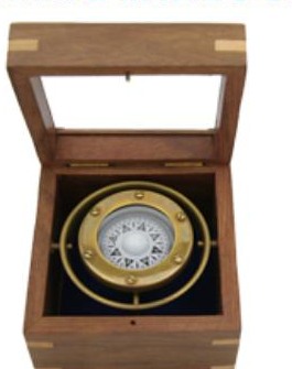 Brass gimbal compass inside a wooden display box