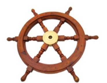 Wooden ship wheel with a brass hub