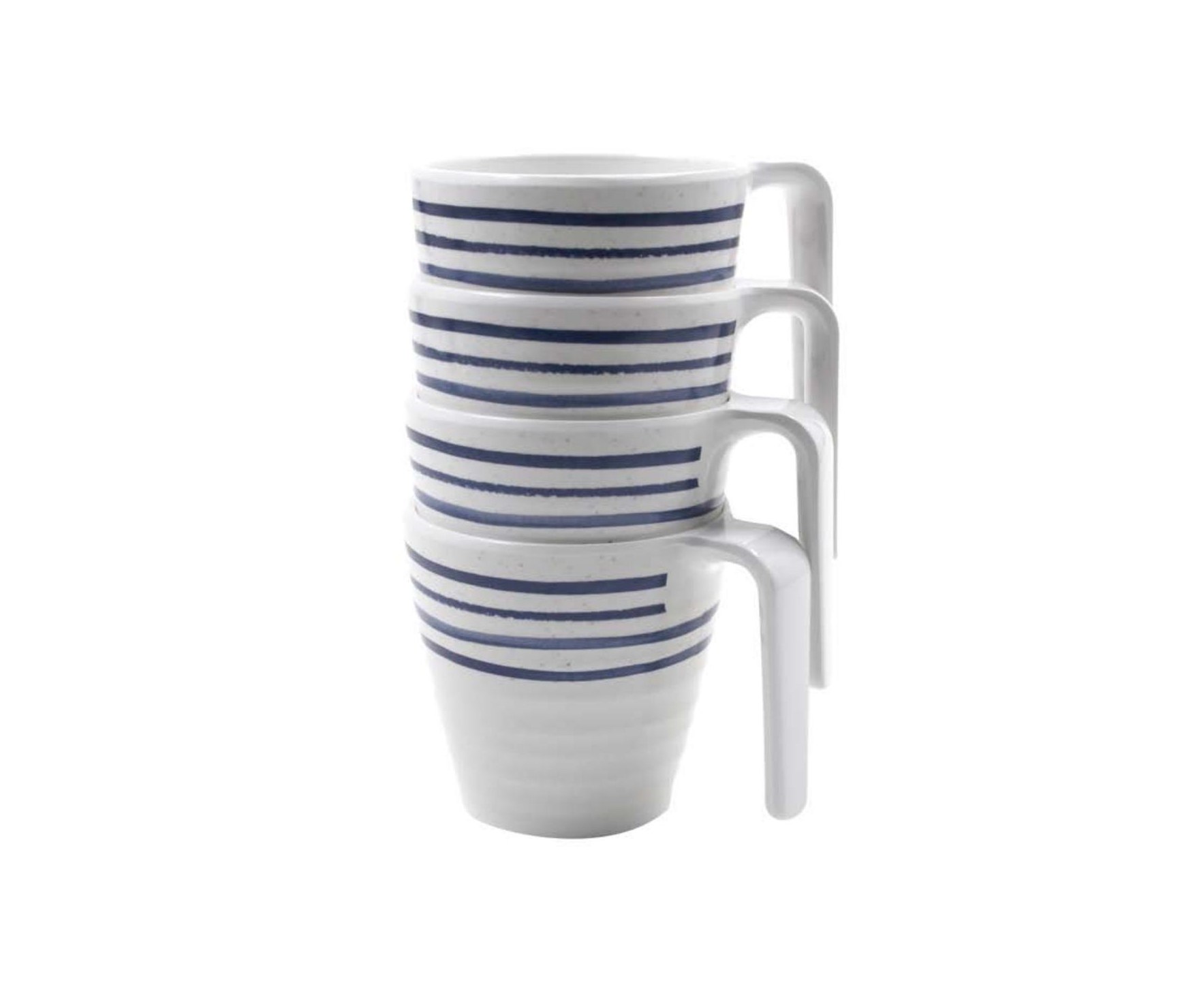 Stack of white mugs with navy stripes