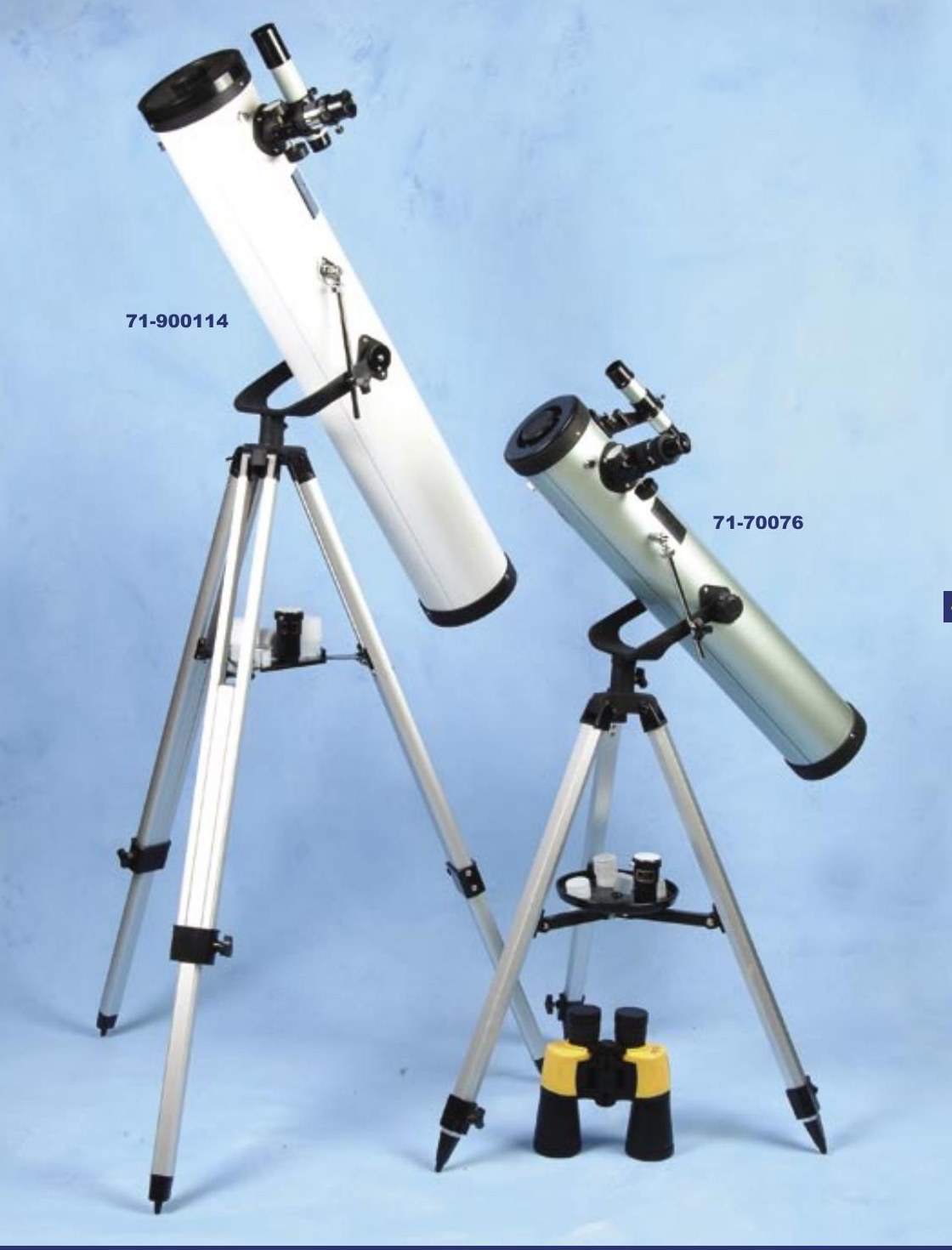Two telescopes on aluminium tripods with binoculars